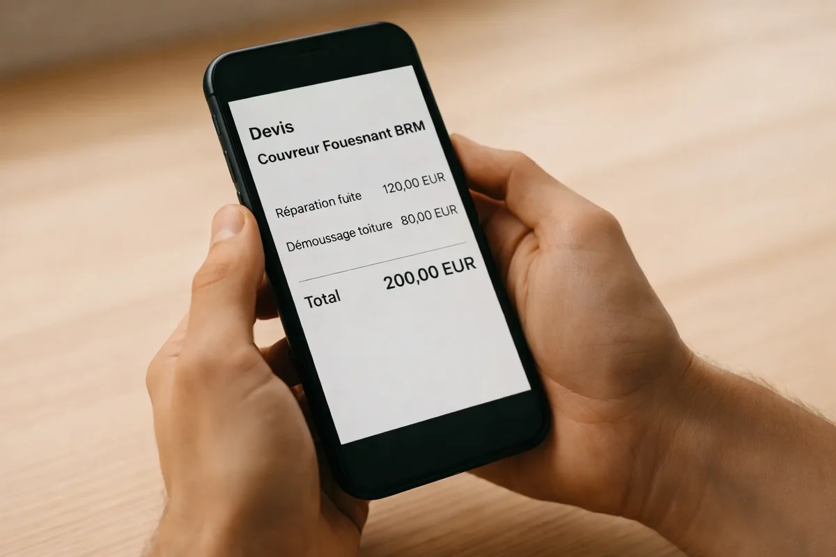 Devis couvreur à Fouesnant détaillé et transparent affiché sur smartphone
